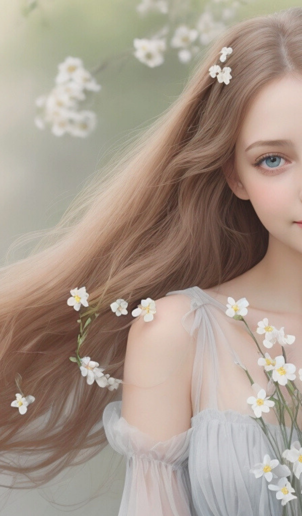 Красивая голубоглазая длинноволосая девушка в белых цветах