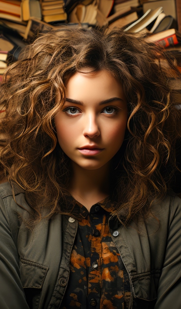 Красивая девушка с кудрявыми волосами на фоне книг