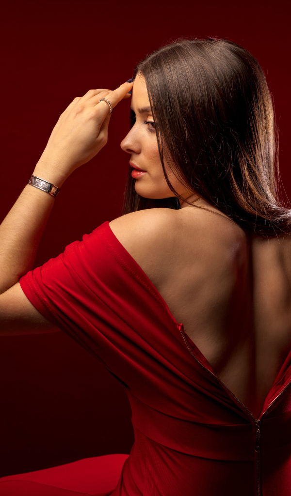 Вид сзади на красивую девушку в красном платье