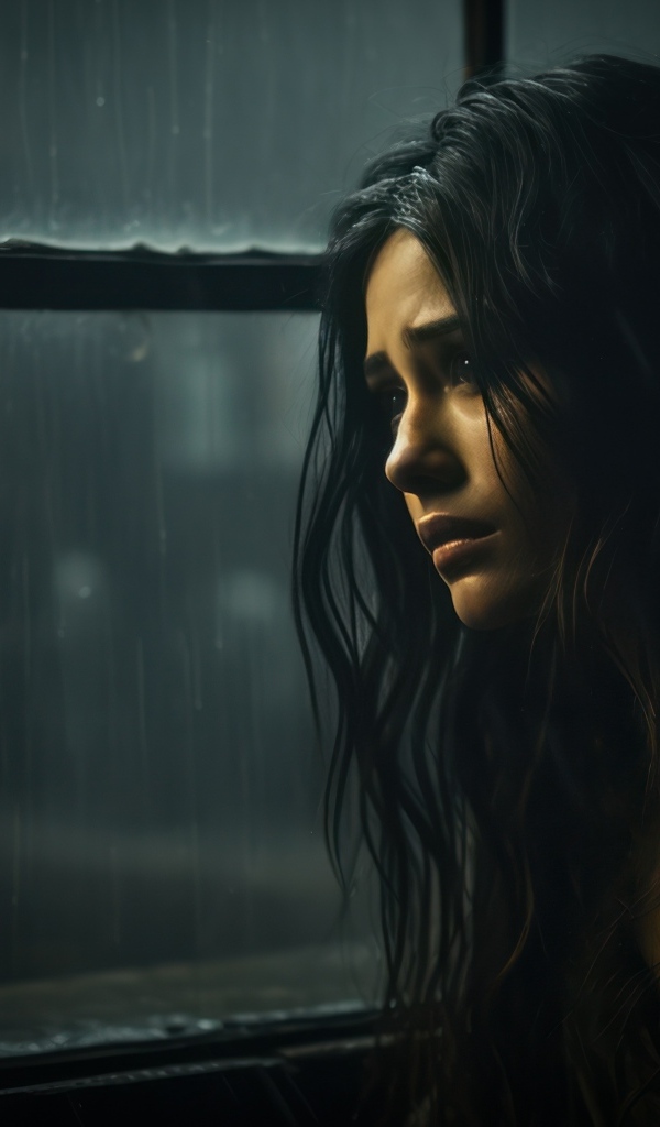 Грустная девушка сидит у окна 