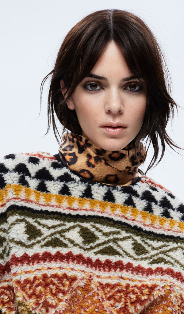 Популярная американская модель Кендалл Дженнер в свитере на белом фоне