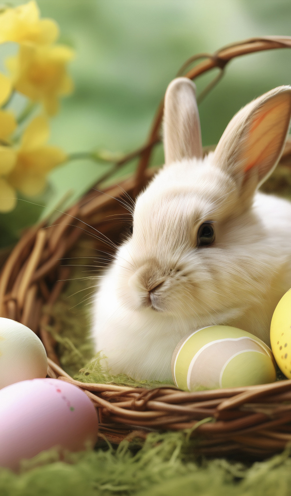 Пасхальный кролик в корзине с яйцами на праздник