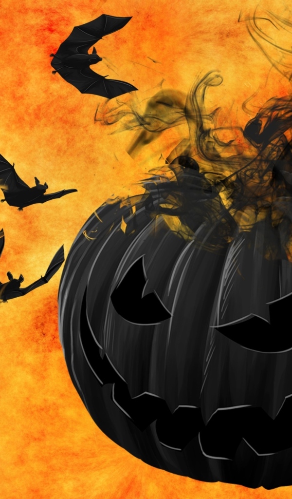 Черные летучие мыши с тыквой на оранжевом фоне