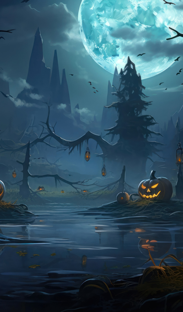 Зловещие тыквы у реки в темном лесу