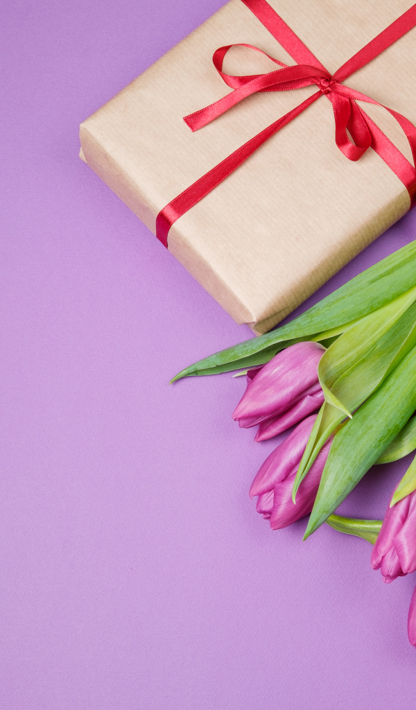 Подарок и букет красивых тюльпанов на сиреневом фоне