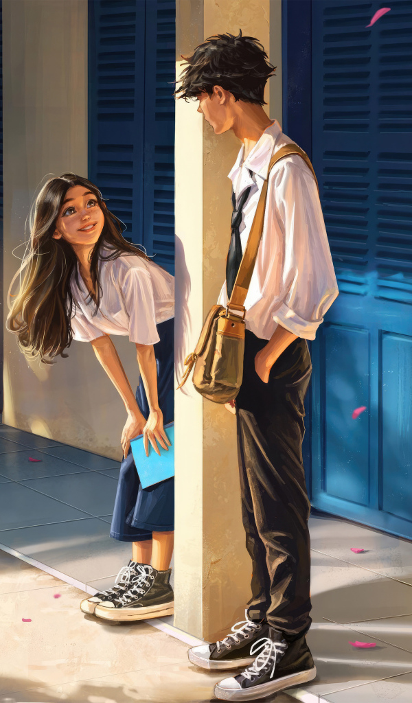 Влюбленная пара студентов к коридоре