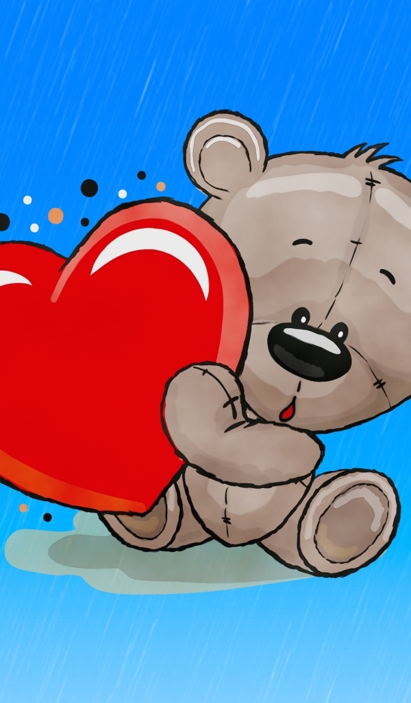 Нарисованный медвежонок с красным сердцем на голубом фоне