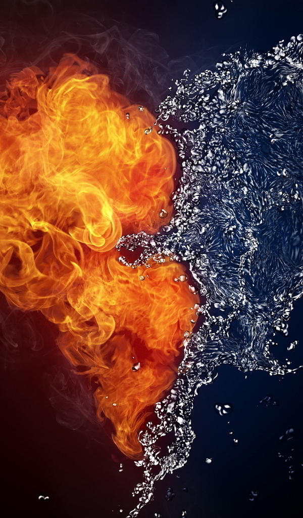 Огненное и водяное сердце на черном фоне