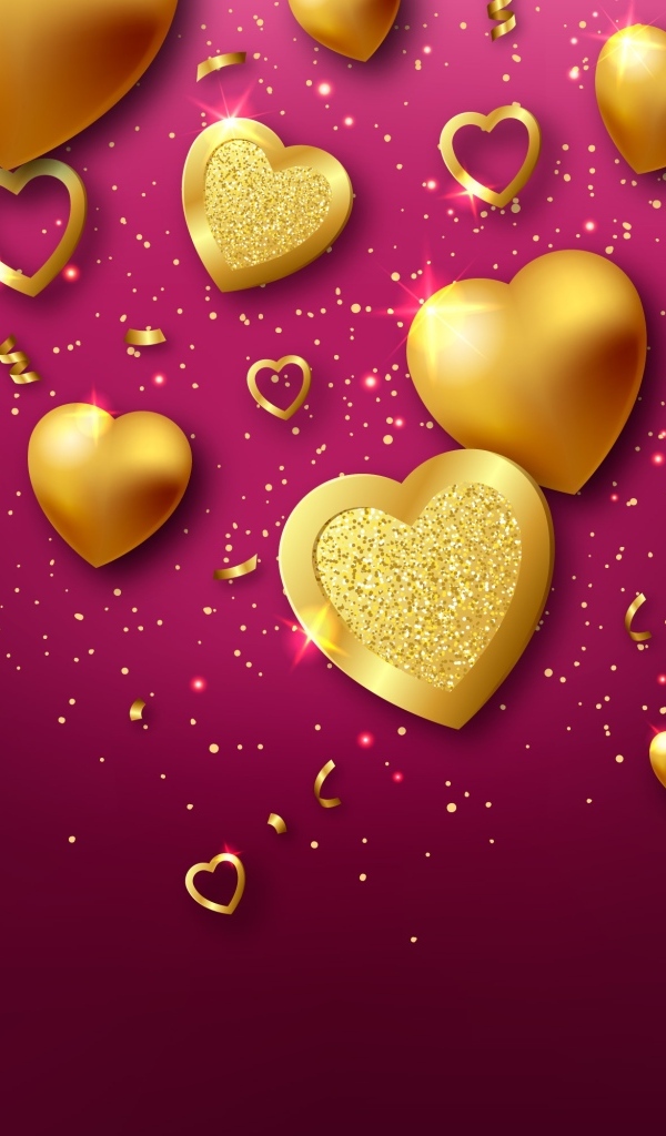 Золотые сердечки на красном фоне