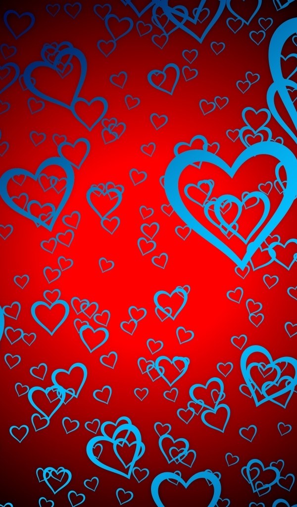 Много голубых сердец на красном фоне