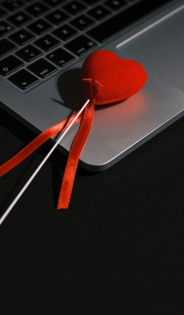 Красное сердце на палочке с ноутбуком
