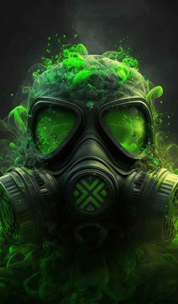 Мужчина в противогазе с зеленым ядовитым дымом