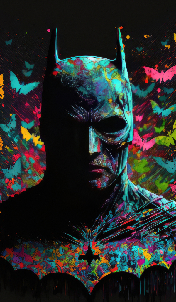 Бэтмен с неоновыми бабочками на черном фоне
