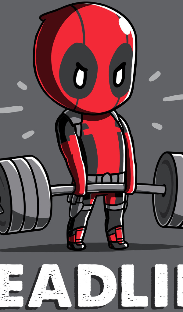 Маленький Дэдпул с гантелей на сером фоне