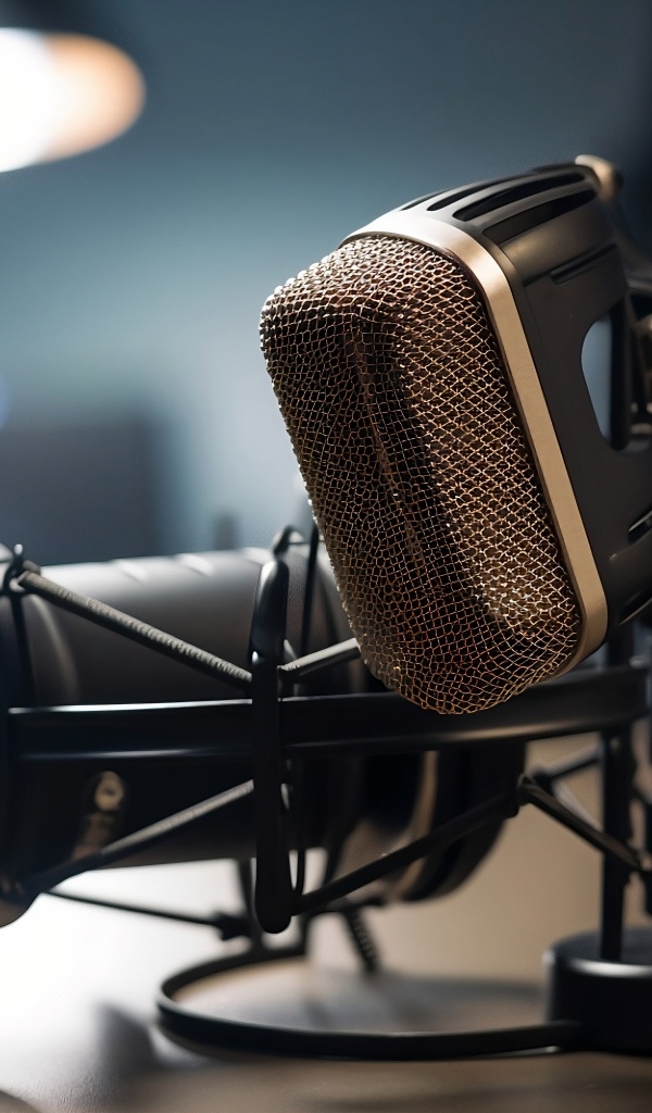 Студийный микрофон стоит на столе