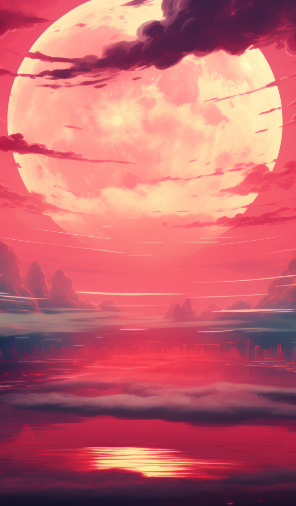 Большая белая луна в красном небе