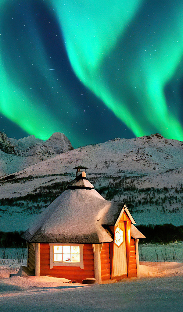 Зеленое полярное сияние над домом в заснеженных  горах