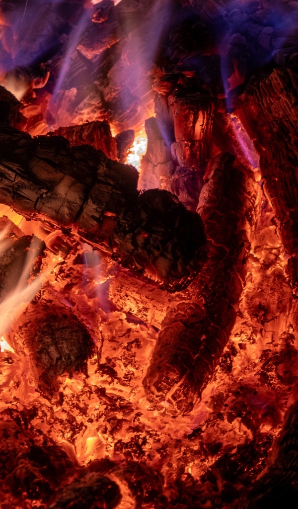 Раскаленные дрова в костре