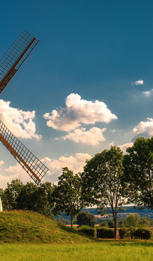 Старая мельница с зелеными деревьями