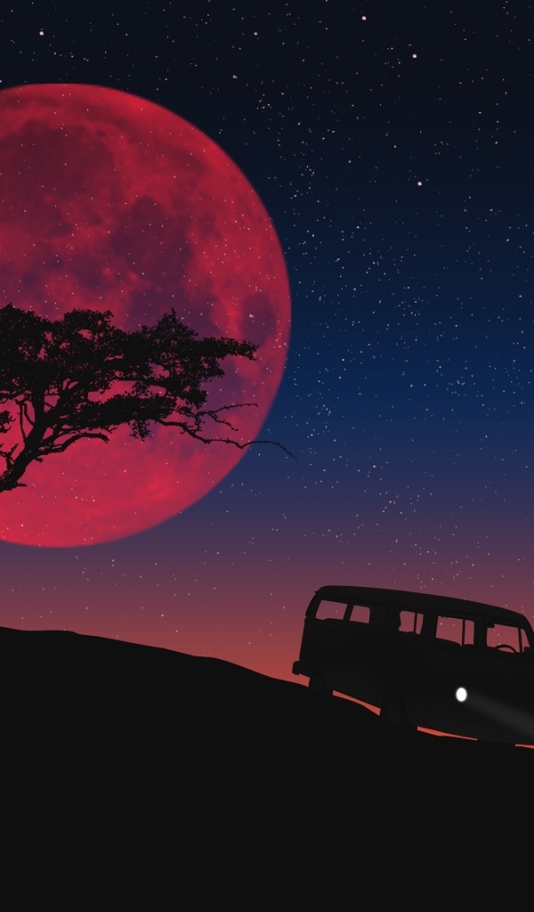 Красная луна освещает дорогу и одинокое дерево