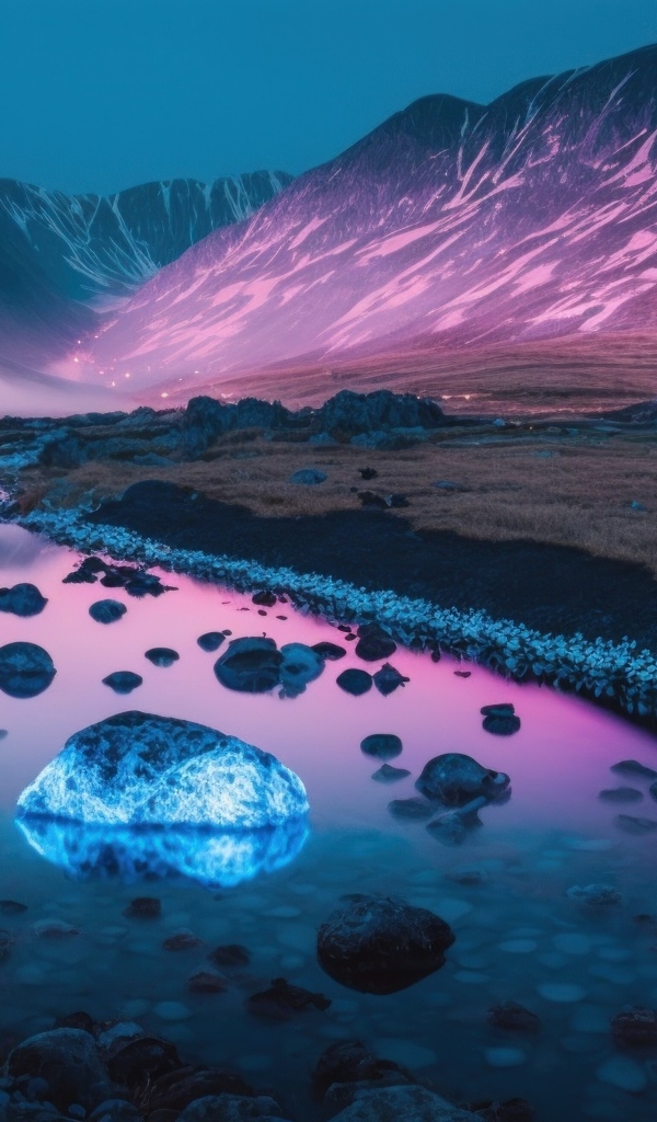 Неоновые камни в реке на фоне горы