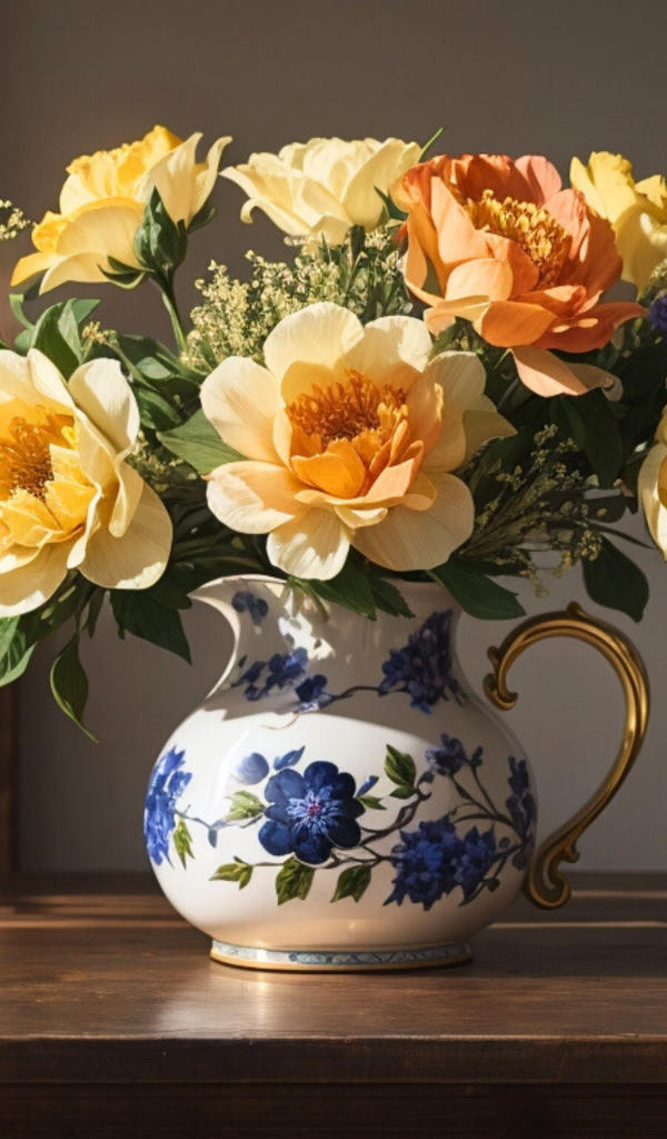 Букет красивых оранжевых цветов в кувшине на столе