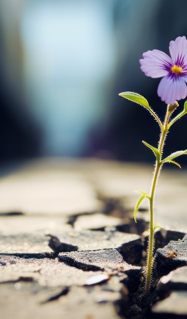 Маленький сиреневый цветок пробивается из сухой земли