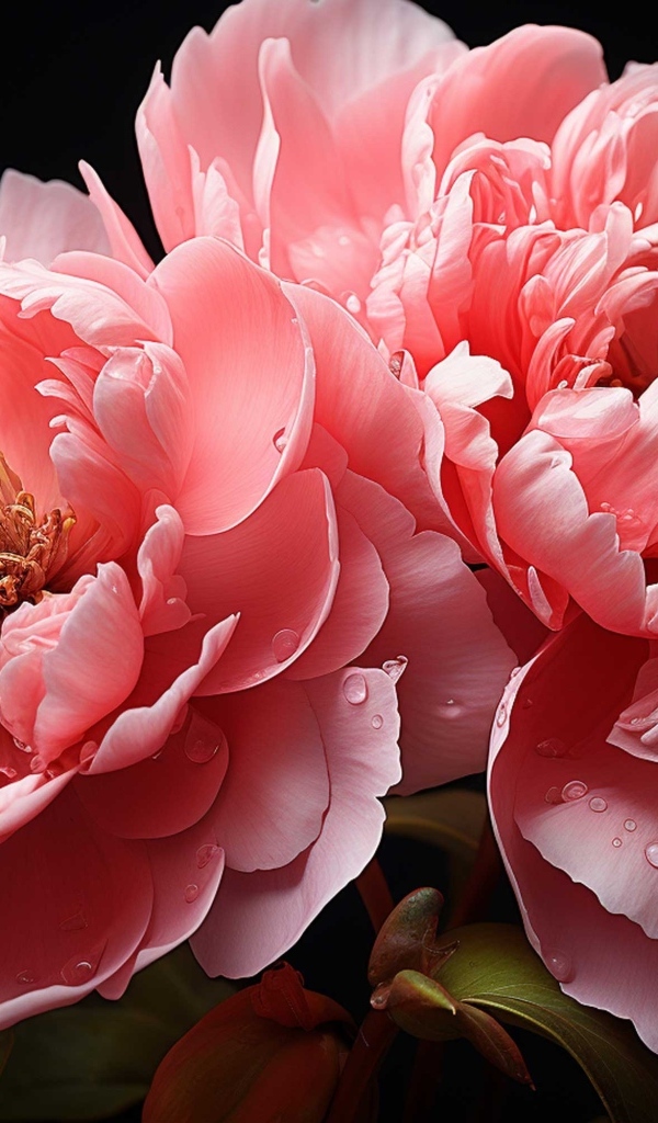 Красивые розовые пионы в каплях воды