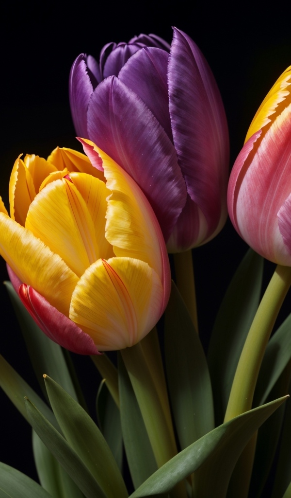 Букет разноцветных тюльпанов на черном фоне