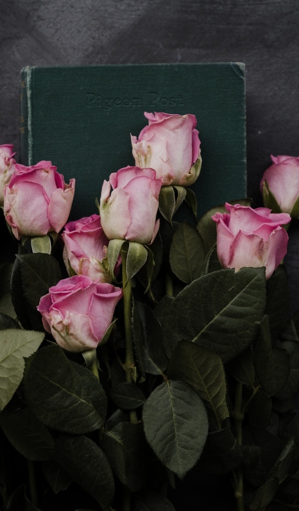 Букет розовых роз с книгой на сером столе