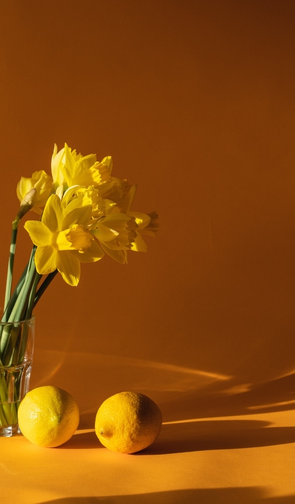 Букет желтых нарциссов в вазе на столе с лимонами