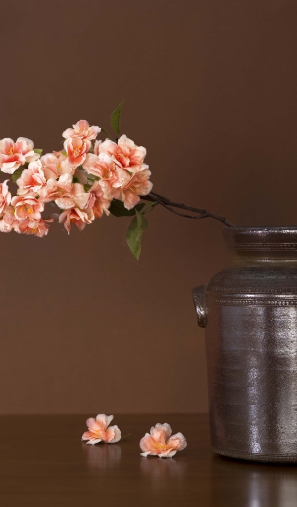 Ветка с розовыми цветами в вазе на столе