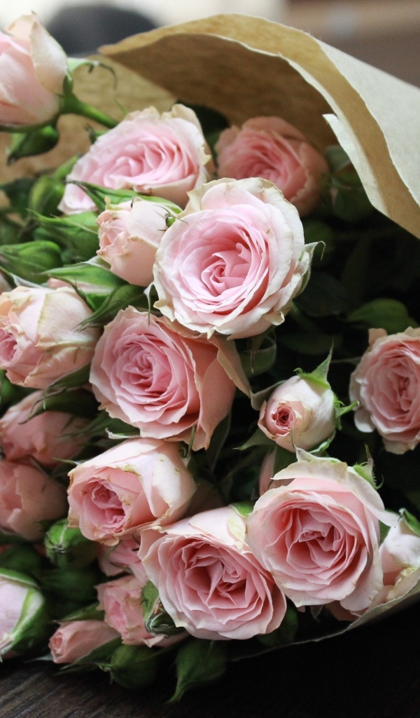 Большой букет розовых роз в бумажной упаковке