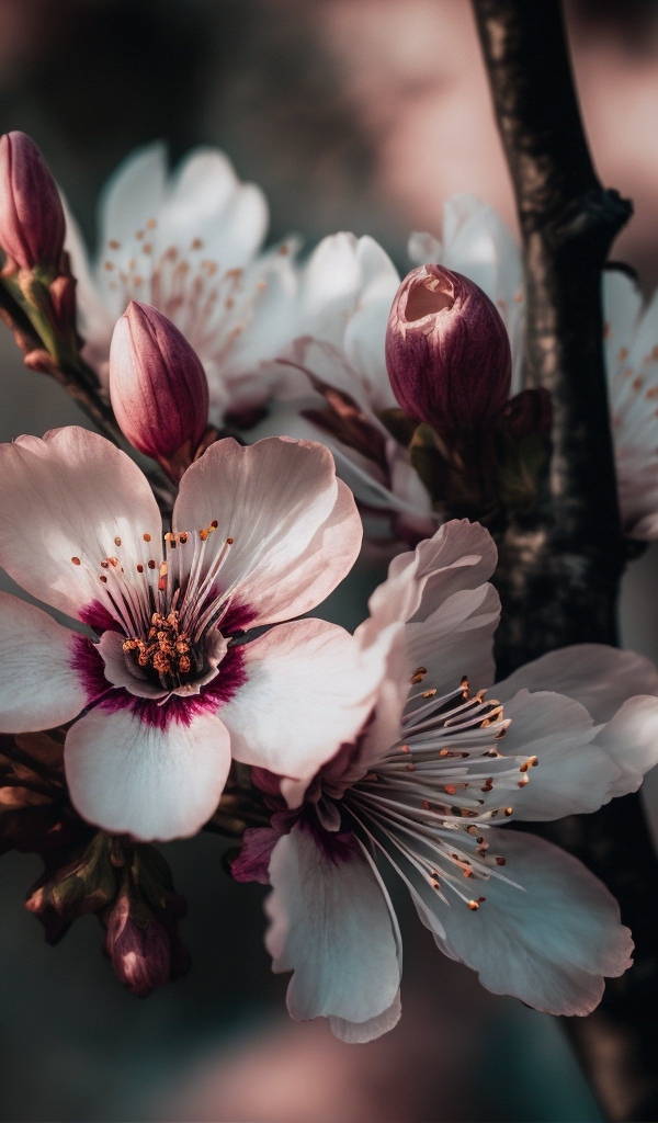 Розовые цветы персика на ветке весной