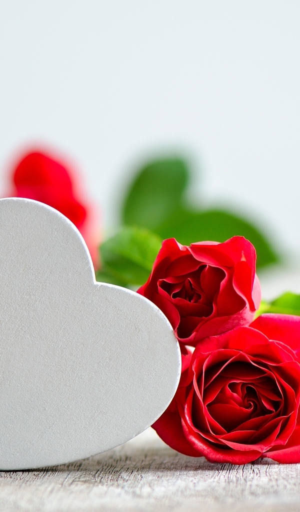 Красные розы с белым сердцем на столе