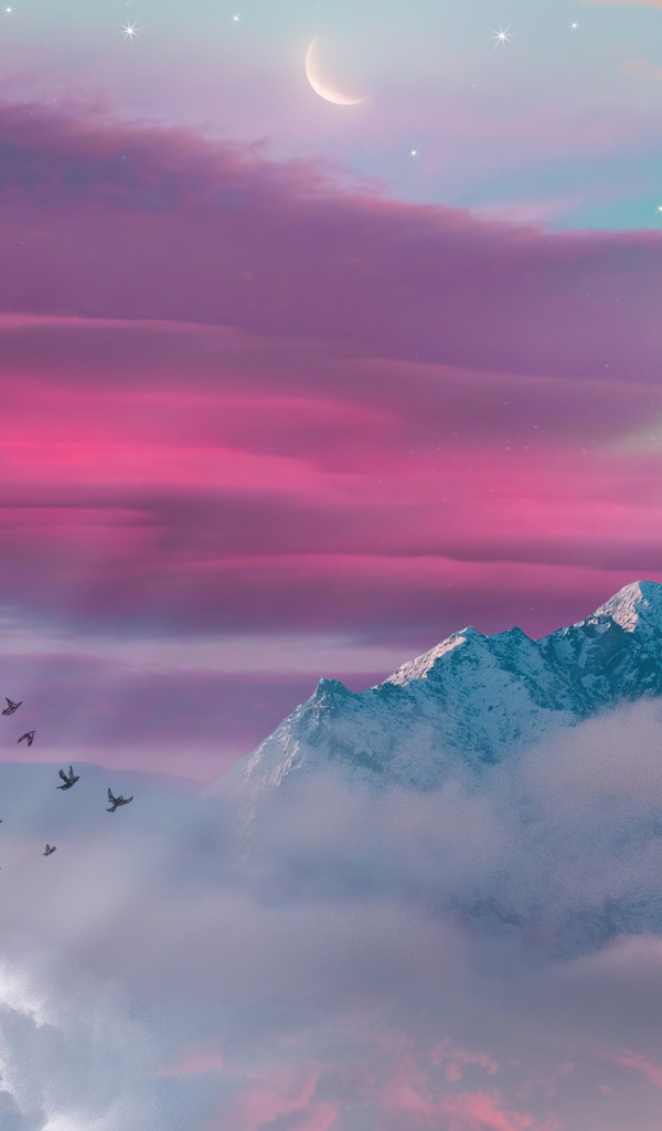 Птицы летят к заснеженной вершине горы