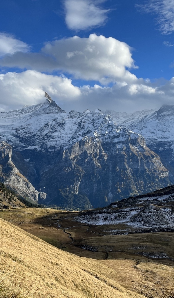 Высокие покрытые снегом горы в белых облаках