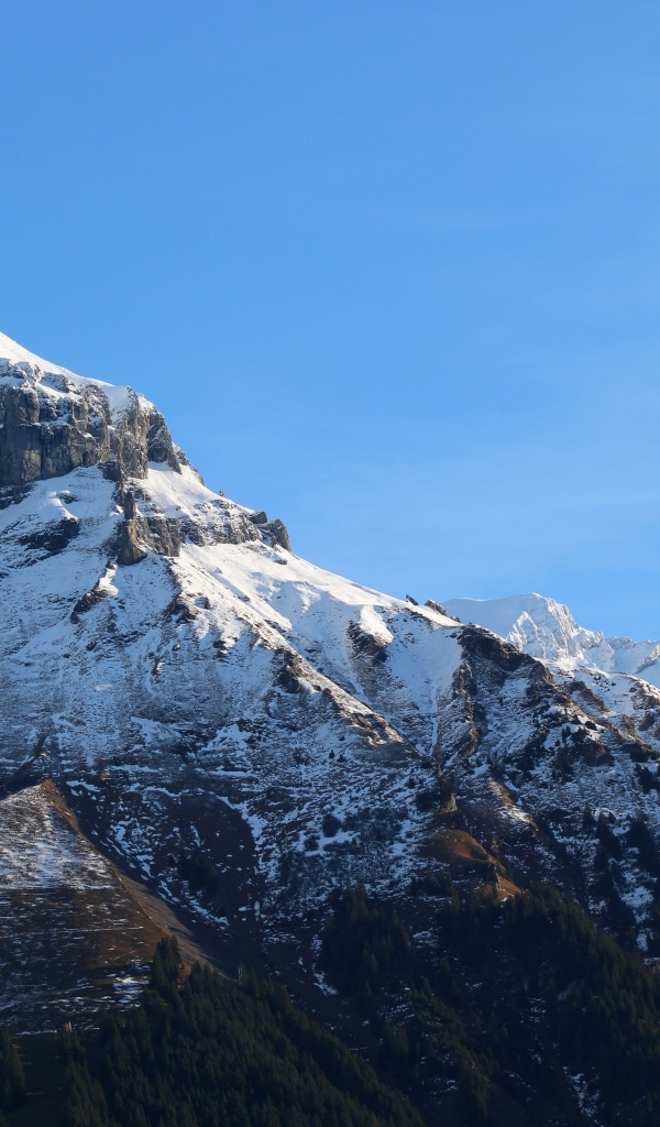 Вершина горы покрыта снегом в лучах солнца
