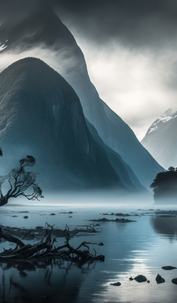 Белый туман над озером в горах