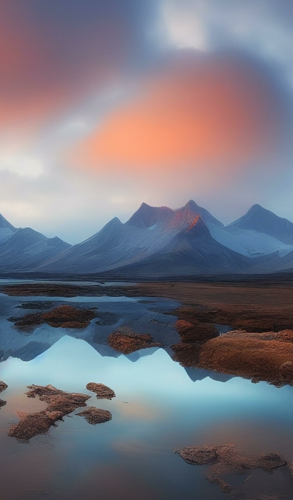 Холодное озеро в горах на рассвете