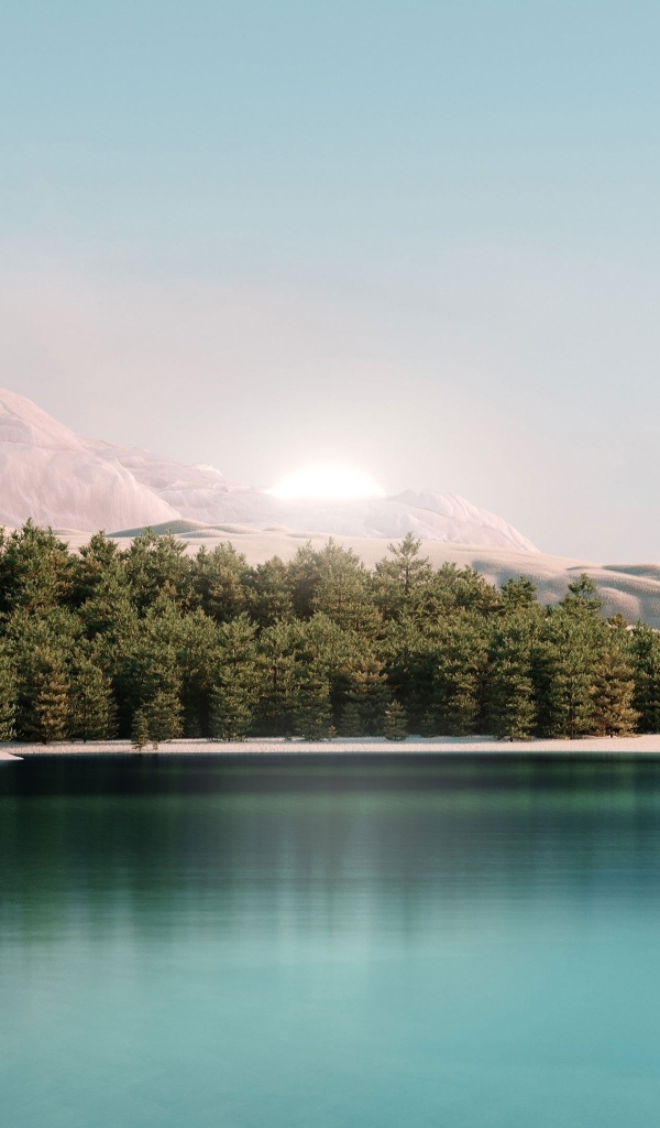 Лес у озера с голубой водой в горах