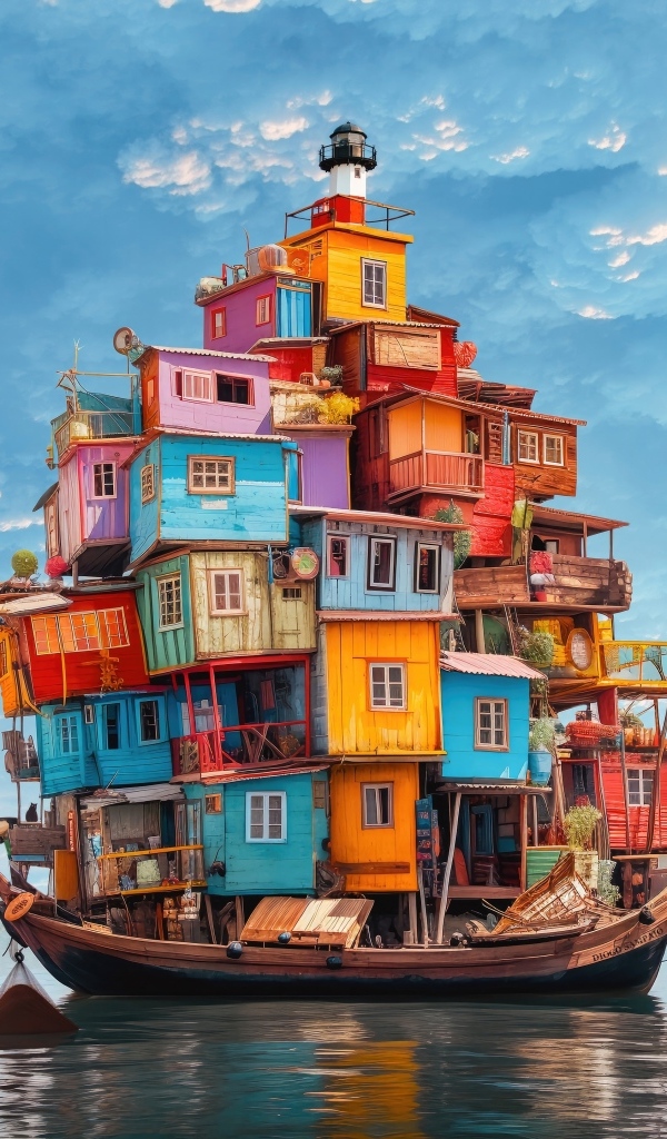 Маленькие разноцветные домики на лодке