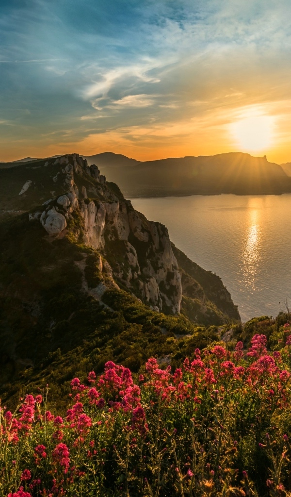 Красивый рассвет солнца над горами летом