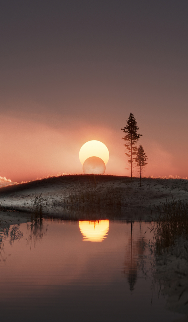Закат солнца за холмом у реки
