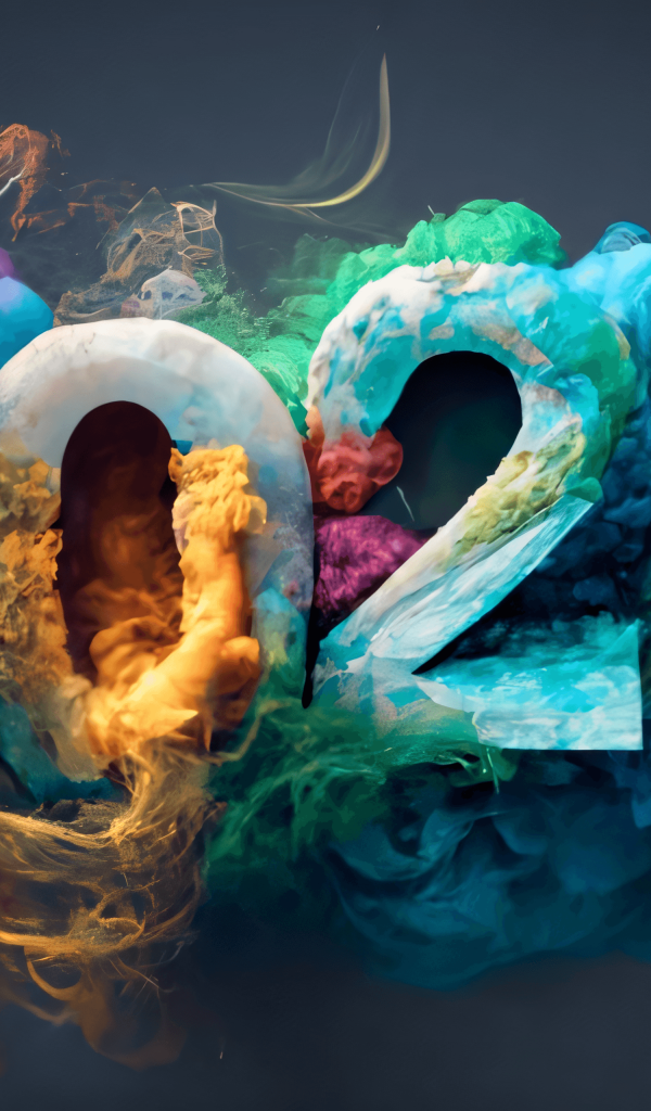 Цифры 2024 с взрывающейся краской на сером фоне