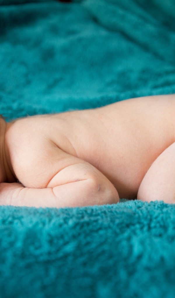 Грудной ребенок спит на синем пледе