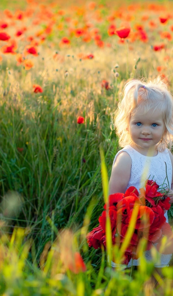 Маленькая голубоглазая девочка на поле с маками