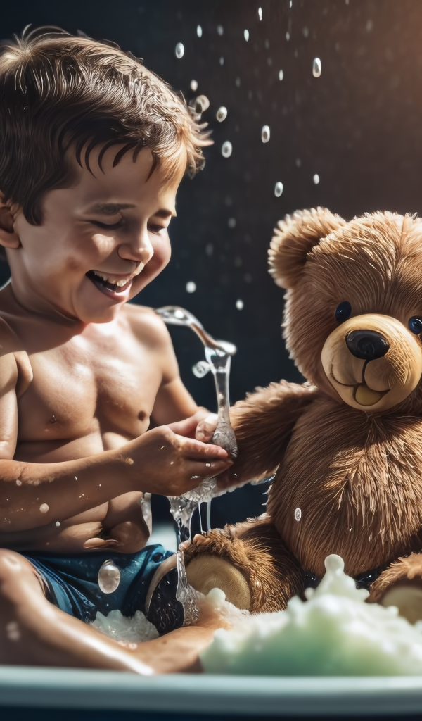 Маленький мальчик купается с игрушкой
