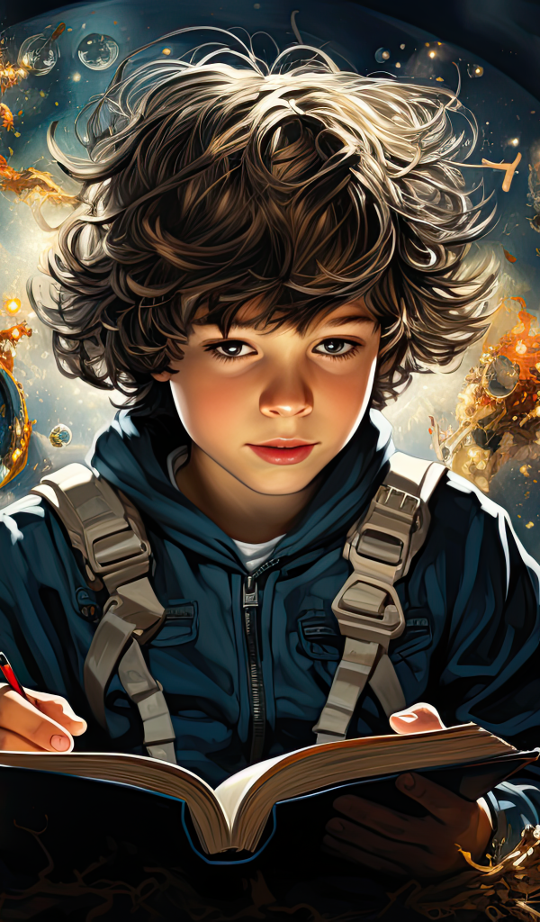 Маленький мальчик фантазер с книгой