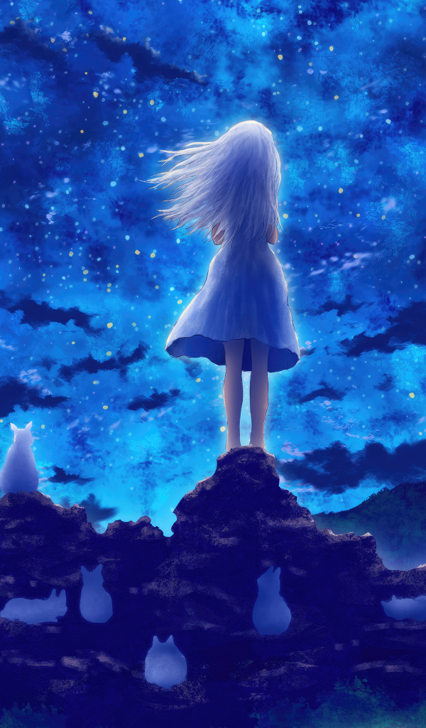 Маленькая девочка смотрит на небо, аниме